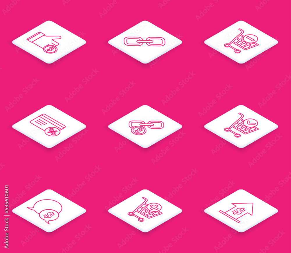 Set line Hand holding coin, Chain link, Remove shopping cart, Discount card with percent, Shopping check mark, Speech bubble dollar and Add to icon. Vector Set line Hand holding coin, Chain link, Remove shopping cart, Discount card with percent, Shopping check mark, Speech bubble dollar and Add to icon. Vector