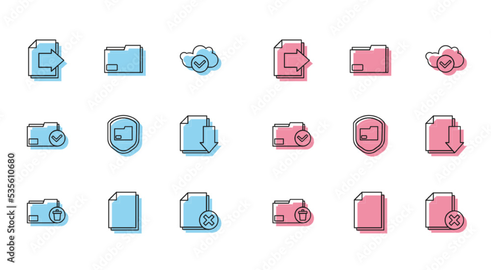 Set line Delete folder, Document, Next page arrow, file document, protection, with download, and check mark and icon. Vector Set line Delete folder, Document, Next page arrow, file document, protection, with download, and check mark and icon. Vector
