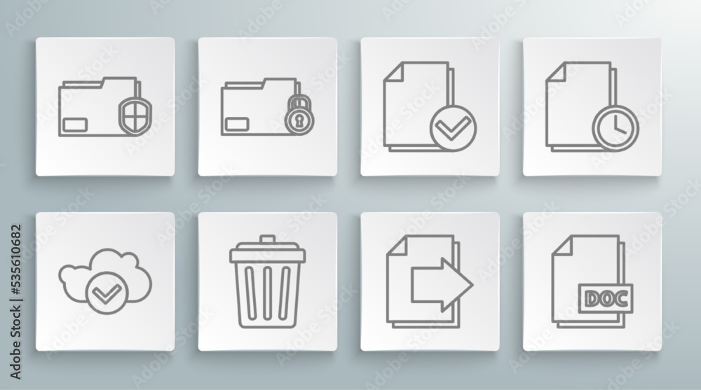 Set line Cloud with check mark, Folder and lock, Trash can, Next page arrow, DOC file document, Document, clock and folder protection icon. Vector Set line Cloud with check mark, Folder and lock, Trash can, Next page arrow, DOC file document, Document, clock and folder protection icon. Vector