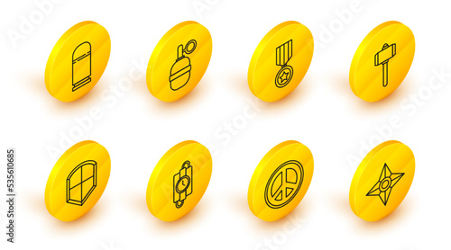 Set line Japanese ninja shuriken, Peace, dynamite stick and timer clock, Shield, Battle hammer, Military reward medal, Hand grenade and Cartridges icon. Vector