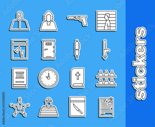 Set line Lawsuit paper, Jurors, Police rubber baton, Pistol gun with silencer, Prison cell door, Evidence bag and bullet, Anonymous question mark and Pen icon. Vector