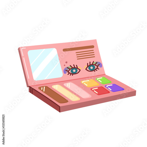 Cute eyeshadow palette in cartoon style. Hand drawn compact makeup product. Makeup box isolated on white background.
