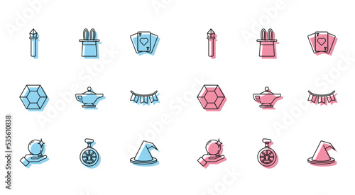 Set line Magic ball on hand, Unicycle or one wheel bicycle, staff, Witch hat, lamp Aladdin, Carnival garland with flags, stone and Magician rabbit ears icon. Vector