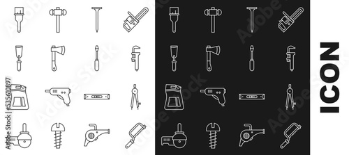 Set line Hacksaw, Drawing compass, Calliper or caliper and scale, Metallic nail, Wooden axe, Putty knife, Paint brush and Screwdriver icon. Vector