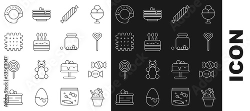 Set line Ice cream in bowl, Candy, Lollipop, Cake with burning candles, Cracker biscuit, Donut and Glass jar candies inside icon. Vector