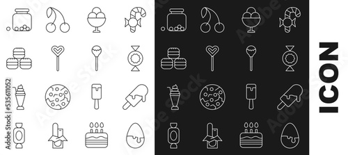 Set line Chocolate egg, Ice cream, Candy, in bowl, Lollipop, Macaron cookie, Glass jar with candies inside and icon. Vector
