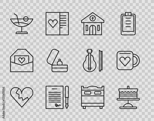 Set line Broken heart or divorce, Cake on plate, Church building, Marriage contract, Cocktail, Wedding rings, Bedroom and Coffee cup and icon. Vector