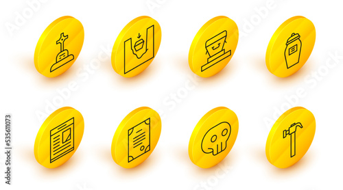 Set line Hammer, Skull, Death certificate, Obituaries, Funeral urn, Coffin, grave and Grave with cross icon. Vector