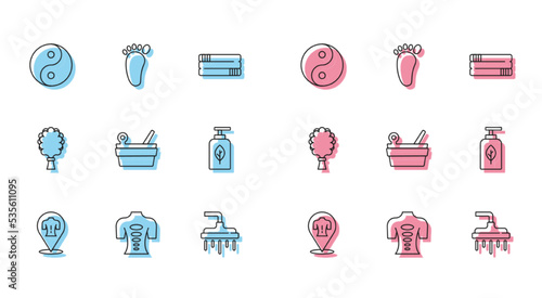 Set line Massage, stone therapy, Yin Yang, Shower head, Sauna bucket and ladle, Essential oil bottle, broom and Foot massage icon. Vector
