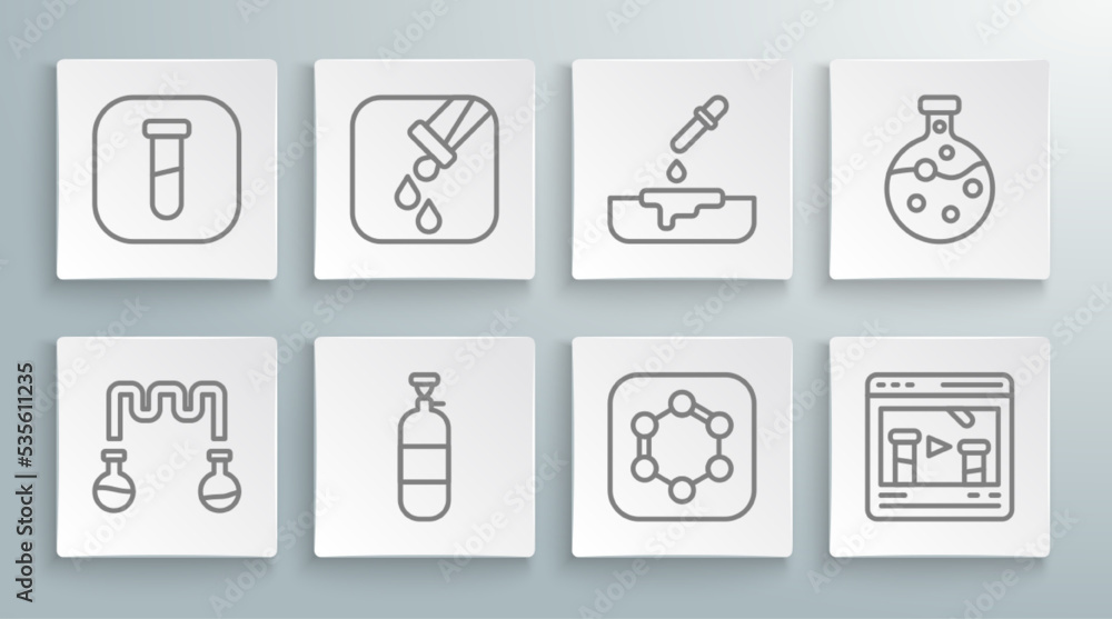 Set line Test tube and flask, Propane gas tank, Formula of benzene rings, Chemical online, Petri dish with pipette, and icon. Vector Set line Test tube and flask, Propane gas tank, Formula of benzene rings, Chemical online, Petri dish with pipette, and icon. Vector