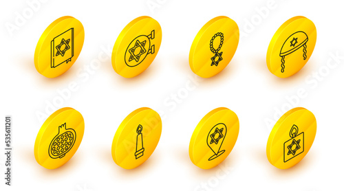 Set line Burning candle, Star of David, Pomegranate, Jewish kippah, necklace on chain, synagogue and torah book icon. Vector