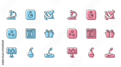Set line Chemical formula, Plant breeding, Microscope, Petri dish with pipette, online, Medical rubber gloves, Bacteria and Cracked flask icon. Vector