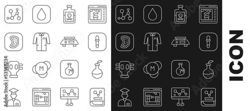 Set line Chemistry book, Plant breeding, Pipette, Poison bottle, Laboratory uniform, Bacteria, Chemical formula and Electronic scales icon. Vector