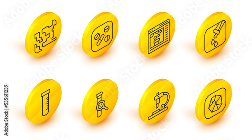 Set line Salt stone, Microscope, Test tube and flask, Chemical online, Medicine pill or tablet and Gaseous icon. Vector