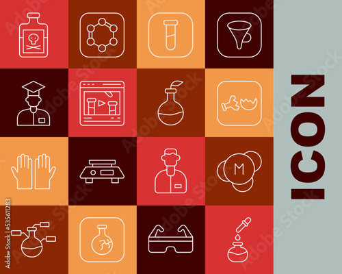 Set line Test tube and flask, Molecule, Broken, Chemical online, Laboratory assistant, Poison bottle and Plant breeding icon. Vector