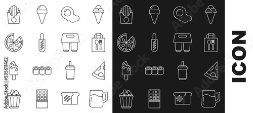Set line Wooden beer mug, Slice of pizza, Online ordering and delivery, Scrambled eggs, Hotdog sandwich, Pizza, Potatoes french fries box and Coffee cup go icon. Vector