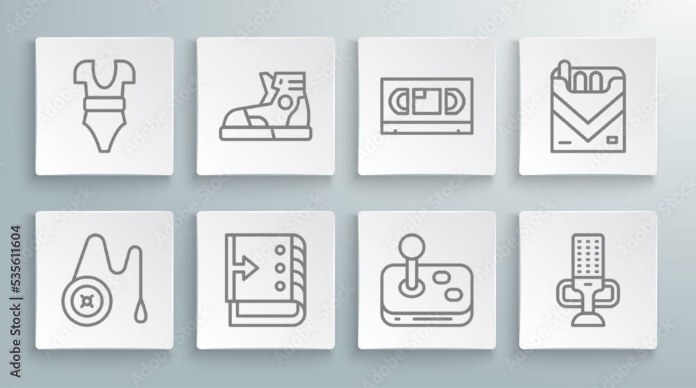 Set line Yoyo toy, Sport sneakers, Sound mixer controller, Joystick, Microphone, VHS video cassette tape, Cigarettes pack box and Swimsuit icon. Vector Set line Yoyo toy, Sport sneakers, Sound mixer controller, Joystick, Microphone, VHS video cassette tape, Cigarettes pack box and Swimsuit icon. Vector