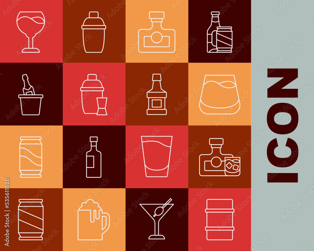 Set line Metal beer keg, Whiskey bottle and glass, Glass of whiskey, Alcohol drink Rum, Cocktail shaker, Champagne ice bucket, Wine and icon. Vector Set line Metal beer keg, Whiskey bottle and glass, Glass of whiskey, Alcohol drink Rum, Cocktail shaker, Champagne ice bucket, Wine and icon. Vector