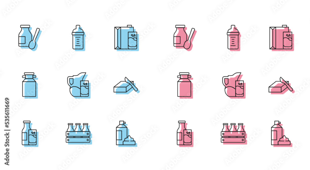 Set line Bottle milk and glass, Bottled in wooden box, Drinking yogurt bottle, Whipped cream, Milk jug or pitcher, Butter butter dish, Can container for and Baby icon. Vector Set line Bottle milk and glass, Bottled in wooden box, Drinking yogurt bottle, Whipped cream, Milk jug or pitcher, Butter butter dish, Can container for and Baby icon. Vector