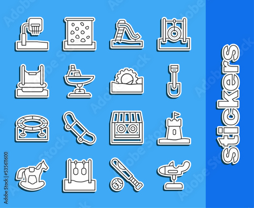 Set line Swing plane, Sand tower, Shovel toy, Kid slide, boat, Bungee, Basketball backboard and Ferris wheel icon. Vector