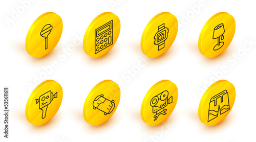 Set line Short or pants, Retro cinema camera, Skateboard trick, Floor lamp, Wrist watch, Calculator and Lollipop icon. Vector