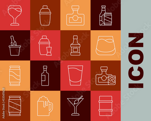 Set line Metal beer keg, Whiskey bottle and glass, Glass of whiskey, Alcohol drink Rum, Cocktail shaker, Champagne ice bucket, Wine and icon. Vector