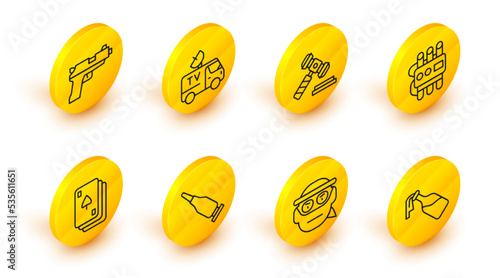 Set line Cocktail molotov, Bandit, Bullet, Playing cards, Dynamite timer clock, Judge gavel, TV News and Pistol or gun icon. Vector