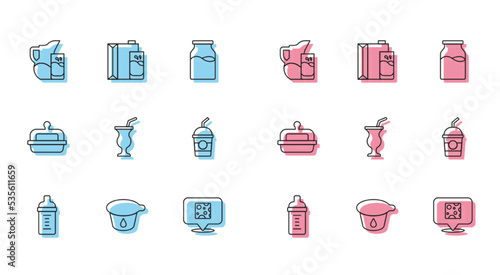 Set line Baby milk in a bottle, Yogurt container, Milk jug or pitcher and glass, Cheese, Milkshake, Butter butter dish and Paper package for icon. Vector