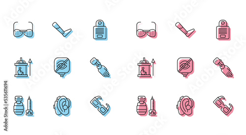 Set line Syringe, Hearing aid, Blind glasses, Eyeglasses, Blindness, Prosthesis hand, Elevator for disabled and leg icon. Vector