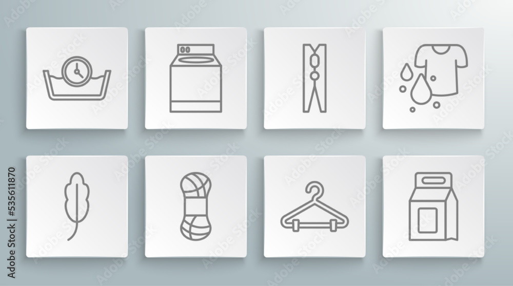 Set line Feather, Washer, Yarn, Hanger wardrobe, Laundry detergent, Clothes pin, Dirty t-shirt and Time wash icon. Vector Set line Feather, Washer, Yarn, Hanger wardrobe, Laundry detergent, Clothes pin, Dirty t-shirt and Time wash icon. Vector