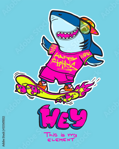 Cartoon child shark on skateboard. Skate board poster with predator. Kid shark illustration.