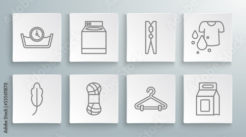Set line Feather, Washer, Yarn, Hanger wardrobe, Laundry detergent, Clothes pin, Dirty t-shirt and Time wash icon. Vector