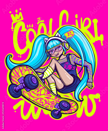 Anime Cool girl on skateboard with long blue hair, headphones, fashion clothes. Manga teenager skateboarder. Pink background with neon text drawing in street art style.