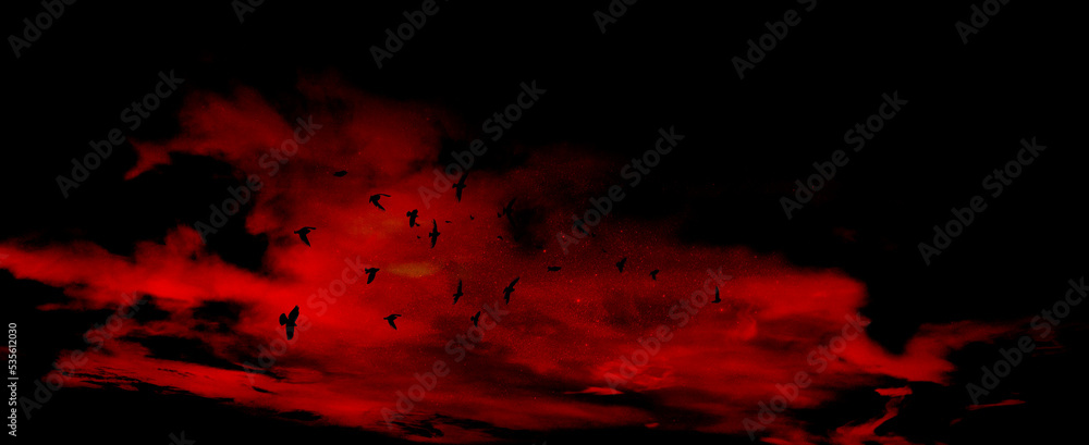 Red clouds in the black sky. Surreal background with copy space for text, design. Wide banner. Fantastic mystical night sky. Website header. Red clouds in the black sky. Surreal background with copy space for text, design. Wide banner. Fantastic mystical night sky. Website header.
