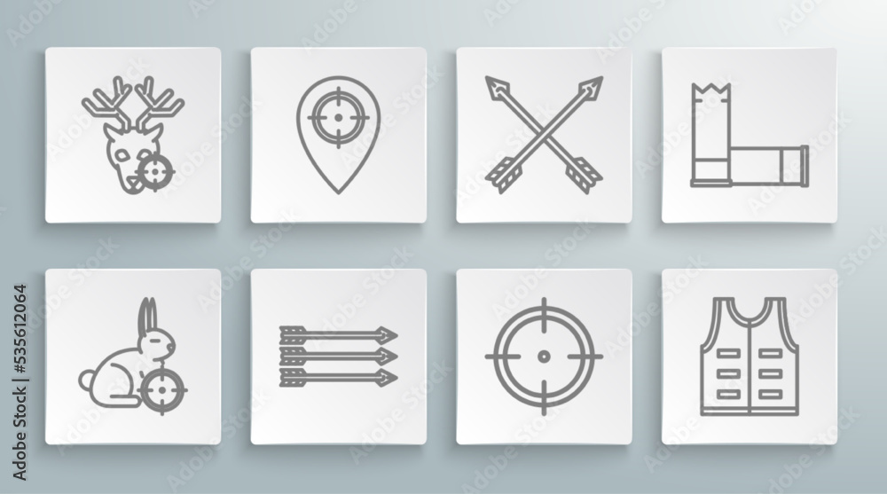 Naklejka premium Set line Hunt on rabbit with crosshairs, place, Hipster arrows, Target sport for shooting competition, Hunting jacket, Crossed, Cartridges and deer icon. Vector