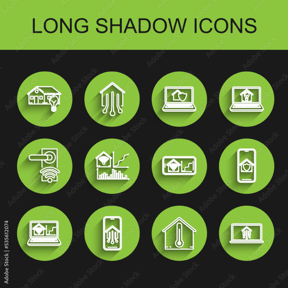 Set line Laptop with smart home with wi-fi, Mobile phone, Smart house and light bulb, House temperature, under protection and icon. Vector Set line Laptop with smart home with wi-fi, Mobile phone, Smart house and light bulb, House temperature, under protection and icon. Vector