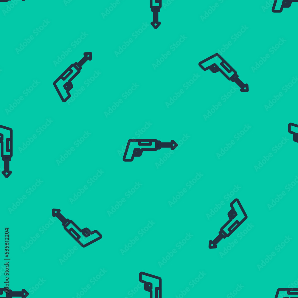 Blue line Fishing harpoon icon isolated seamless pattern on green background. Fishery manufacturers for catching fish under water. Diving underwater equipment. Vector Blue line Fishing harpoon icon isolated seamless pattern on green background. Fishery manufacturers for catching fish under water. Diving underwater equipment. Vector