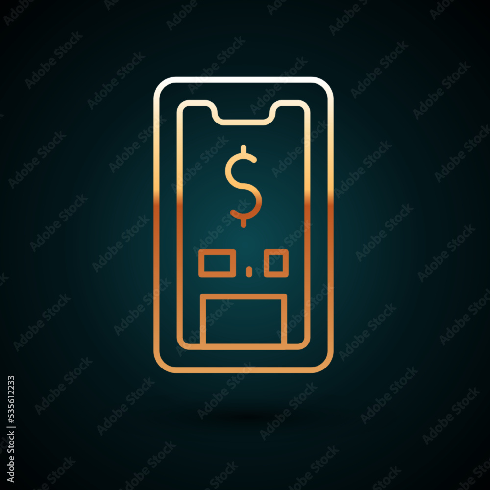 Gold line Smartphone with dollar symbol icon isolated on dark blue background. Online shopping concept. Financial mobile phone icon. Online payment. Vector Gold line Smartphone with dollar symbol icon isolated on dark blue background. Online shopping concept. Financial mobile phone icon. Online payment. Vector