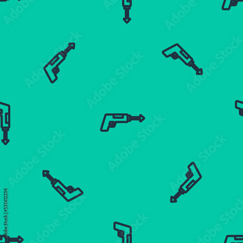 Blue line Fishing harpoon icon isolated seamless pattern on green background. Fishery manufacturers for catching fish under water. Diving underwater equipment. Vector