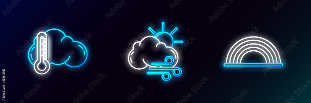 Set line Rainbow with clouds, Thermometer and and Windy weather icon. Glowing neon. Vector