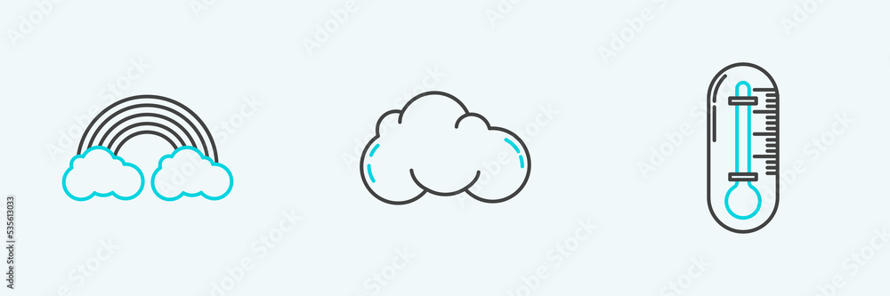 Set line Thermometer, Rainbow with clouds and Cloud icon. Vector Set line Thermometer, Rainbow with clouds and Cloud icon. Vector