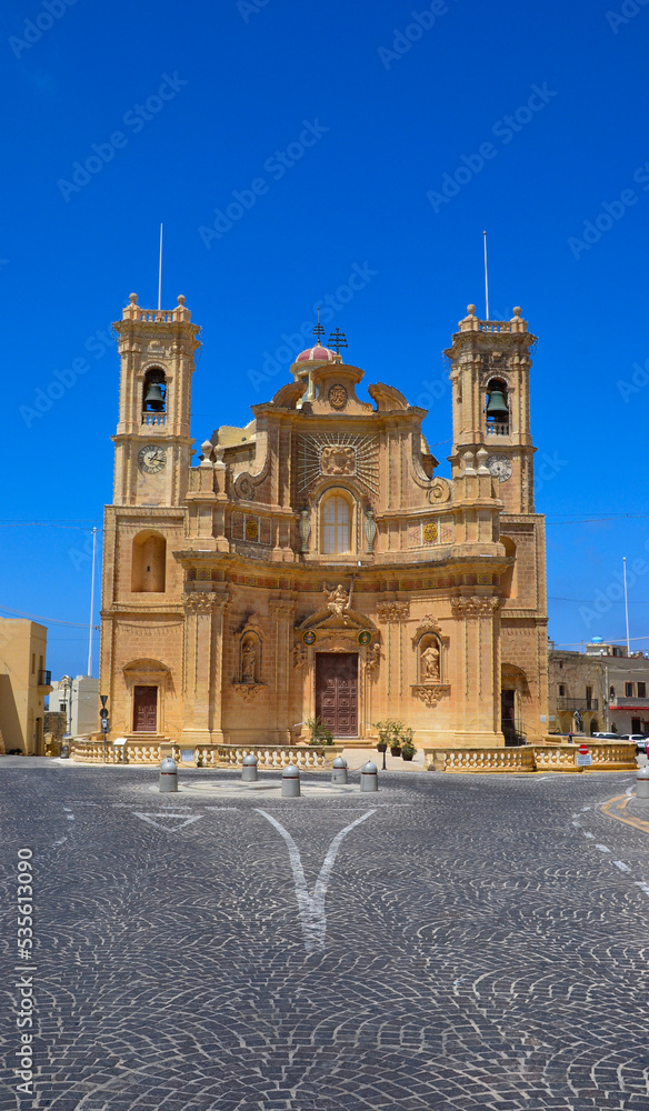 Facade of the Basilica of the Visitation, a collegiate parish church located on the island of Gozo in the village of Għarb