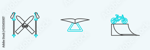 Set line Bicycle on street ramp, Ski and sticks and Hang glider icon. Vector