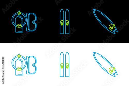 Set line Surfboard, Diving mask and aqualung and Ski sticks icon. Vector