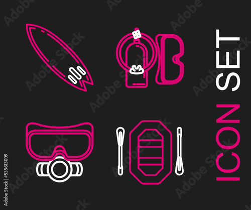 Set line Rafting boat, Diving mask, and aqualung and Surfboard icon. Vector