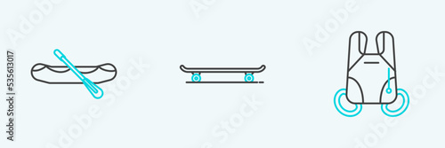 Set line Parachute, Rafting boat and Skateboard icon. Vector