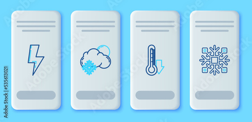 Set line Cloud with snow and sun, Thermometer, Lightning bolt and Snowflake icon. Vector
