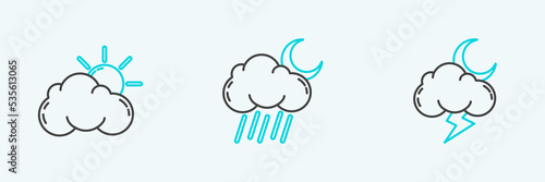 Wallpaper Mural Set line Storm, Sun and cloud weather and Cloud with rain moon icon. Vector Torontodigital.ca