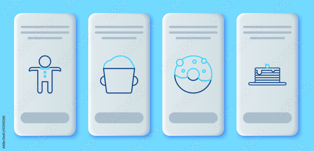 Set line Bakery bowl dough, Donut with sweet glaze, Holiday gingerbread man cookie and Stack of pancakes icon. Vector