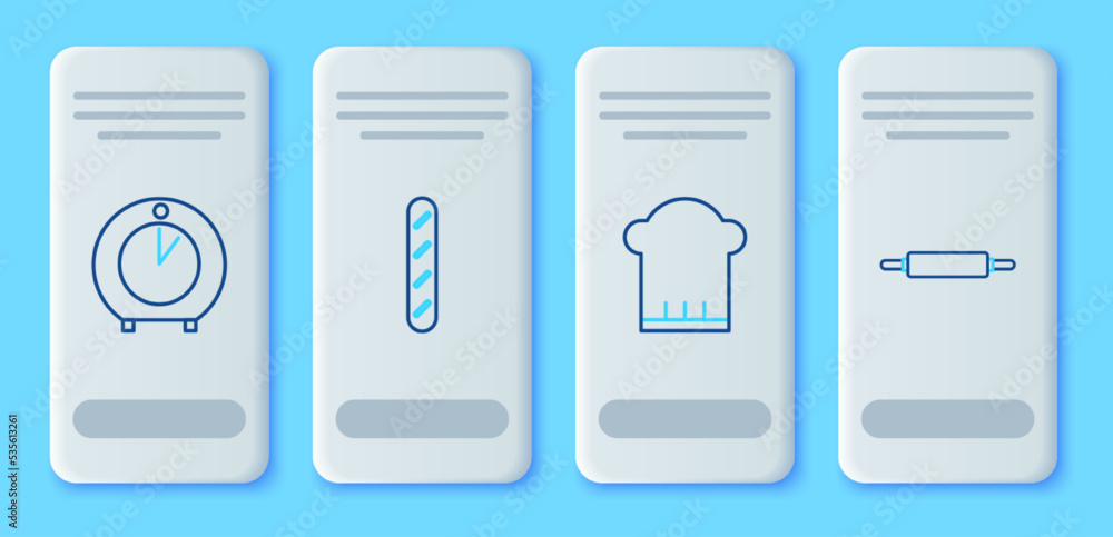Set line French baguette bread, Chef hat, Kitchen timer and Rolling pin icon. Vector Set line French baguette bread, Chef hat, Kitchen timer and Rolling pin icon. Vector